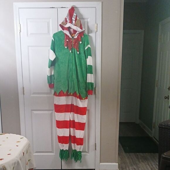 Christmas Santa Elf outfit one piece hooded holiday party ugly sweater Sz L  NWT - Picture 1 of 9
